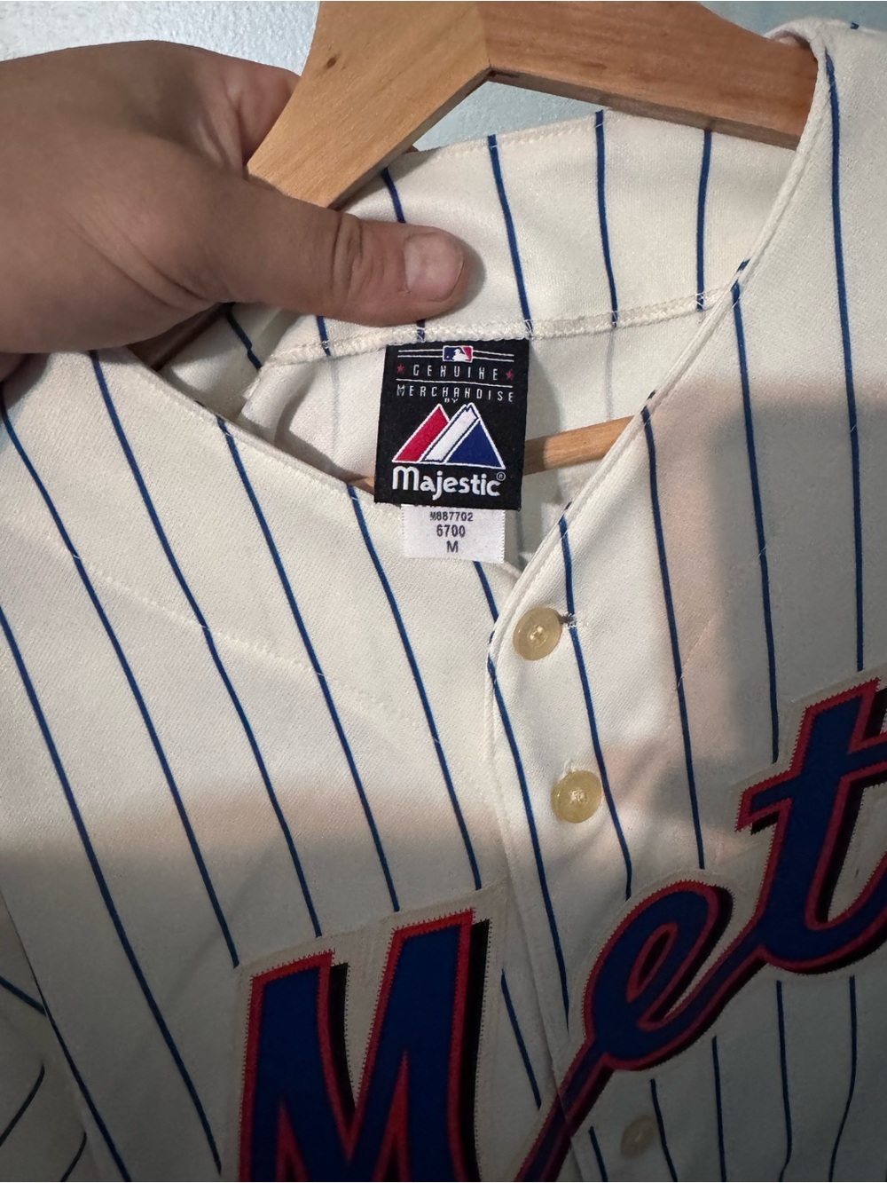 Majestic Mets White Pinstripe Baseball Jersey with Blue and Orange Script - Picture 4 of 8